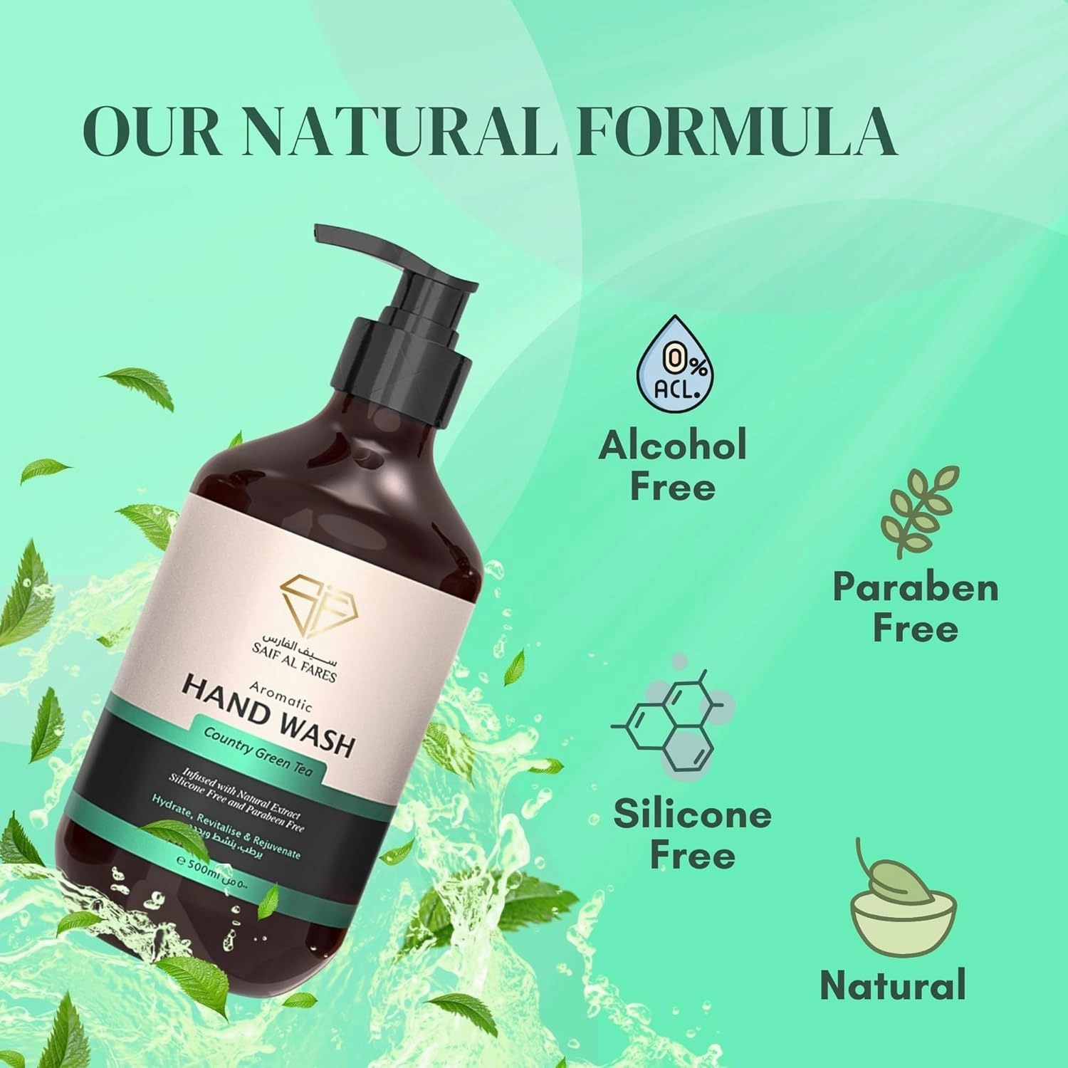 Hand Wash Alcohol Free, Infused with Natural Extract Hydrating, Revitalising & Rejuvenating Hand Soap 16.9 Fl Oz (Green Tea)