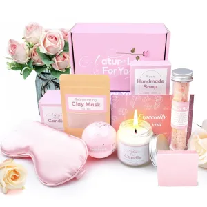 Handmade Spa Gift for Her, Body Bath Gift Kit for Mother's Day, Basket Handmade Skin Care Sets Home Spa Set Natural for Women,Relaxing Birthday Gifts Handmade Soap, Bath Bomb, Bath Salt
