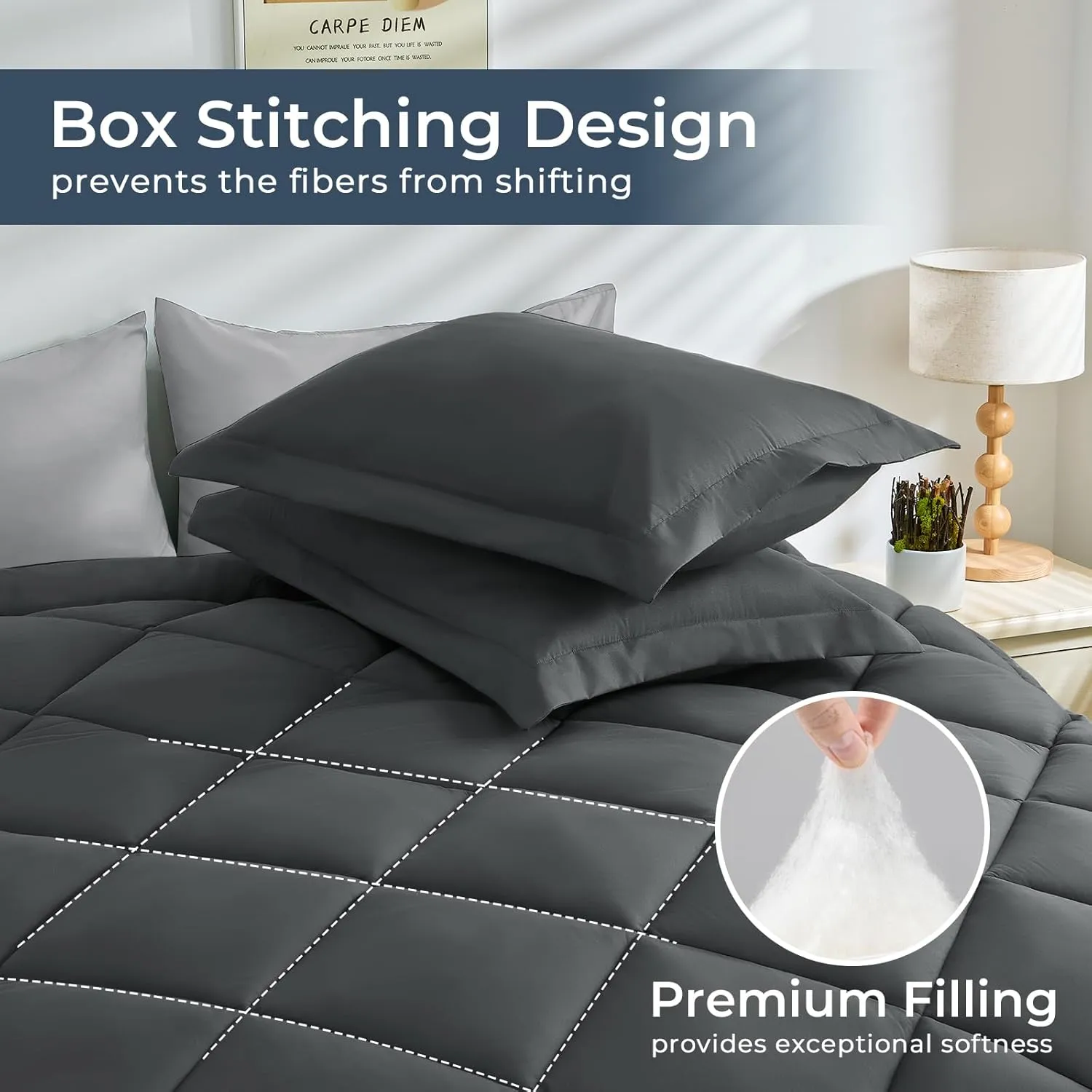 HEVUMYI Oversized Queen Comforter Set - 7-Piece All Season Bed in a Bag Oversized Queen, Ultra Soft Bedding Set with Comforter, Flat Sheet, Fitted Sheet, Pillowcases, Dark Grey & Light Grey