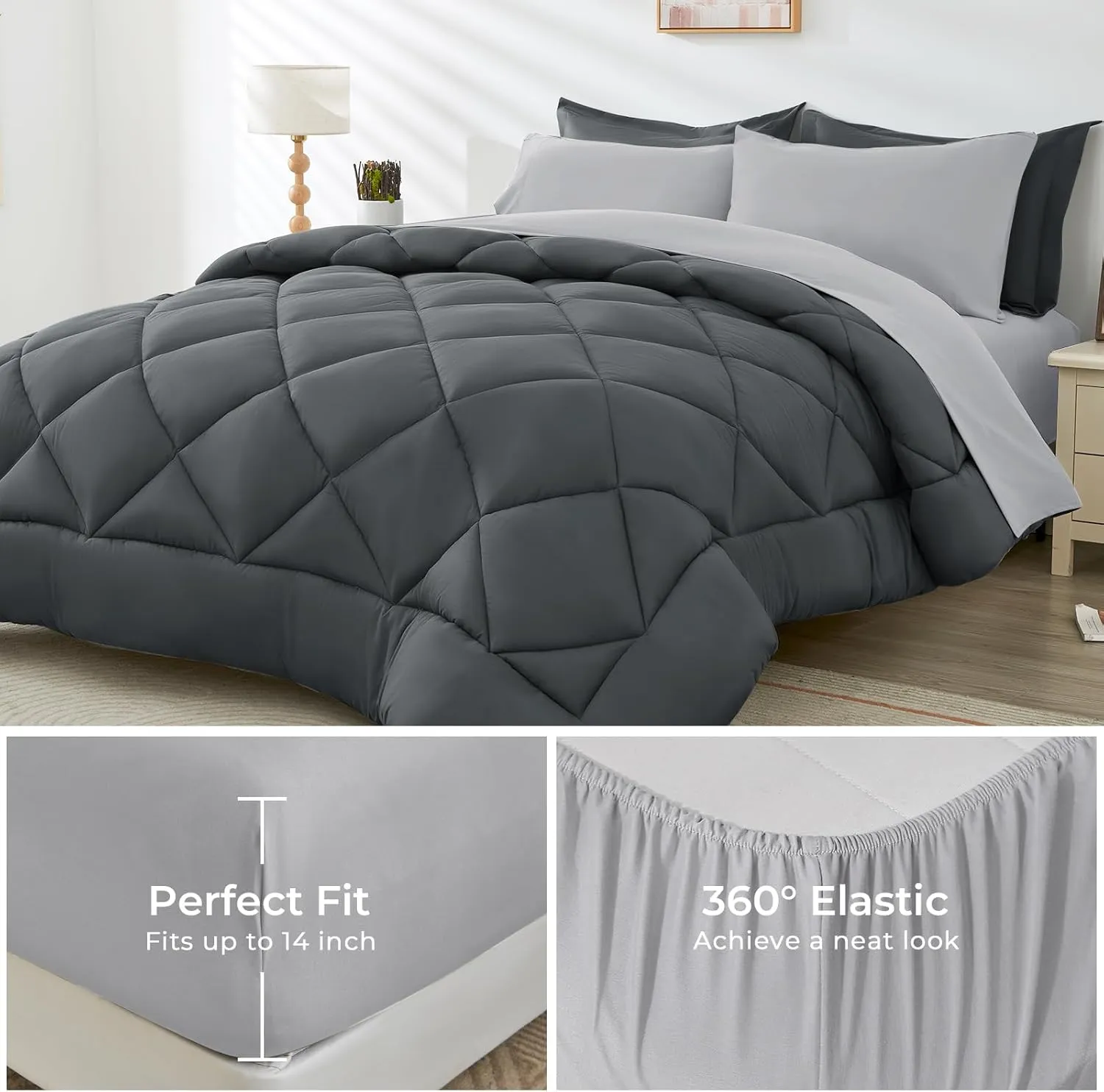 HEVUMYI Oversized Queen Comforter Set - 7-Piece All Season Bed in a Bag Oversized Queen, Ultra Soft Bedding Set with Comforter, Flat Sheet, Fitted Sheet, Pillowcases, Dark Grey & Light Grey