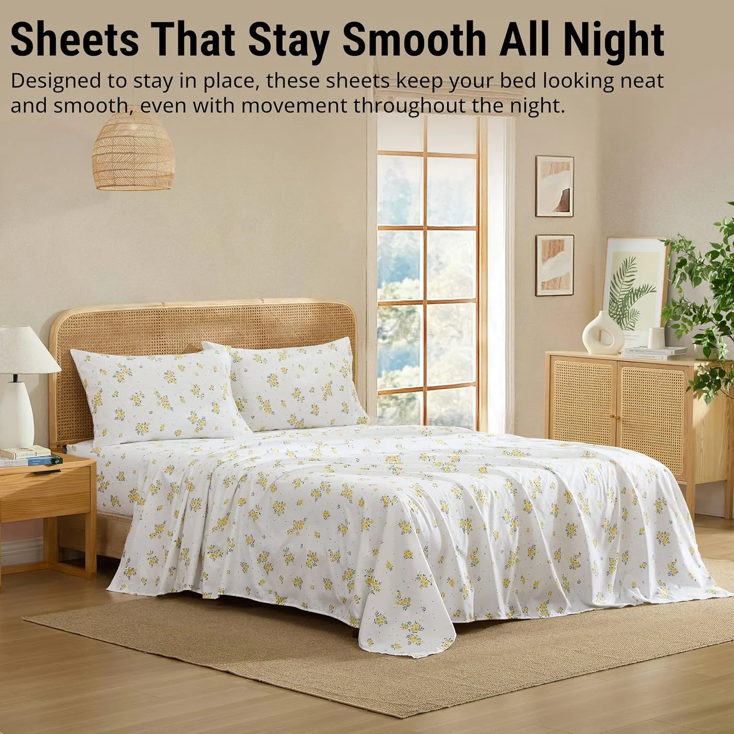 HLC.ME Blue & Yellow Floral Bed Sheets - 4 Piece Bed Sheet Set - Wrinkle Resistant & Ultra Soft - Fits Mattresses up to 15 Inches Deep (Blue, Full)