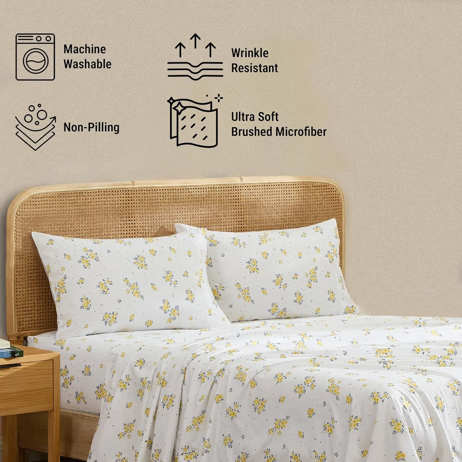 HLC.ME Blue & Yellow Floral Bed Sheets - 4 Piece Bed Sheet Set - Wrinkle Resistant & Ultra Soft - Fits Mattresses up to 15 Inches Deep (Blue, Full)