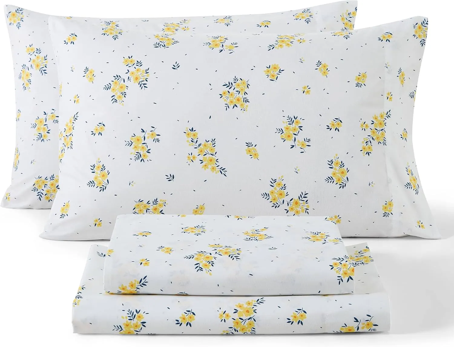 HLC.ME Blue & Yellow Floral Bed Sheets - 4 Piece Bed Sheet Set - Wrinkle Resistant & Ultra Soft - Fits Mattresses up to 15 Inches Deep (Blue, Full)