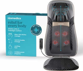 Homedics Back Massager with Heat, Shiatsu Elite II Heated Neck and Back Massage Cushion. 3 Different Massage Styles and 3 Massage Zones. Comes with Controller and Chair Straps