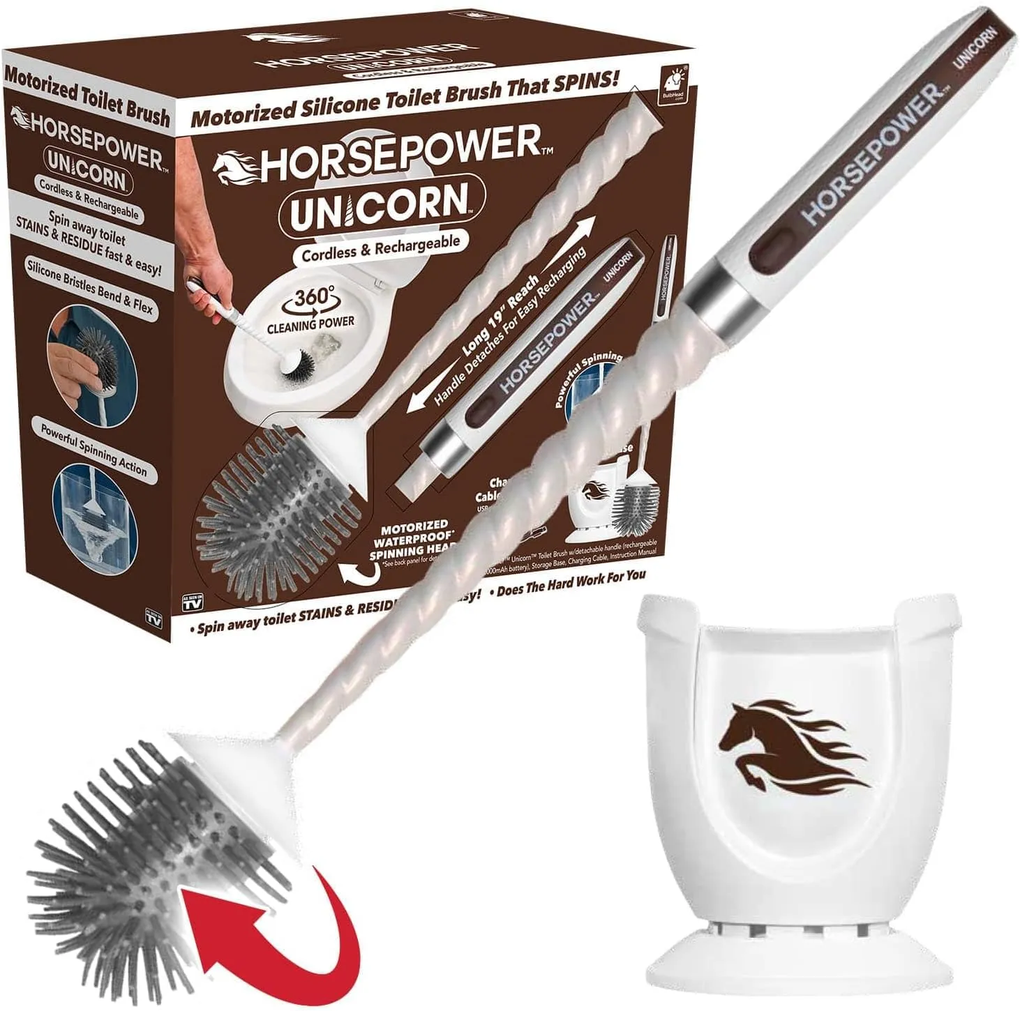 Horsepower Unicorn, AS-SEEN-ON-TV, Motorized Toilet Brush, Powerful Spinning Action, 360 Degree Cleaning Power, Flexible Silicone Bristles, Eliminate Stains & Residue, No Scrubbing, Rechargeable