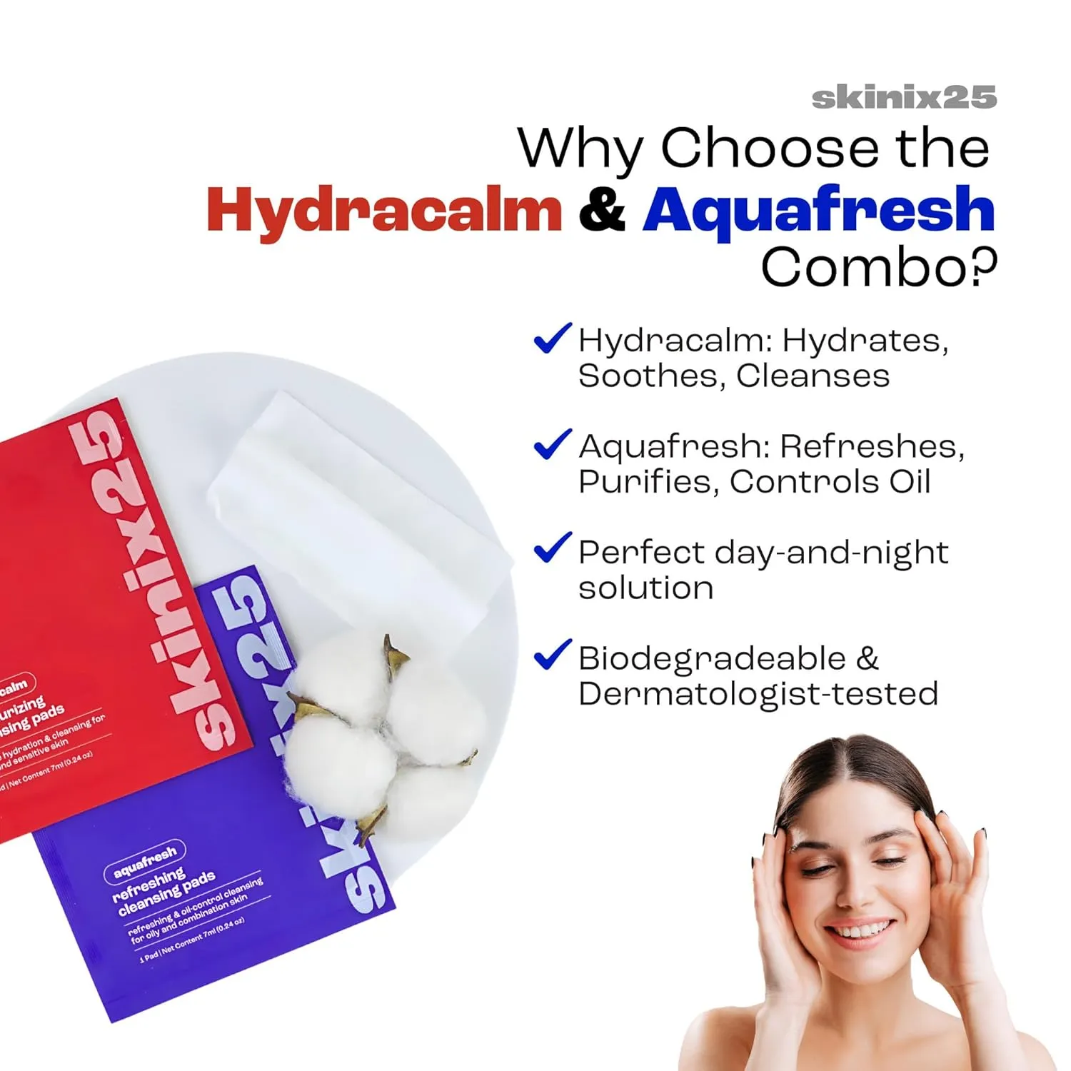 Hydracalm and Aquafresh Cleansing Pads Combo | 40 individually wrapped ultra soft cotton face wipes for all skin types, includes 20 hydrating and 20 oil control pads in 4 boxes