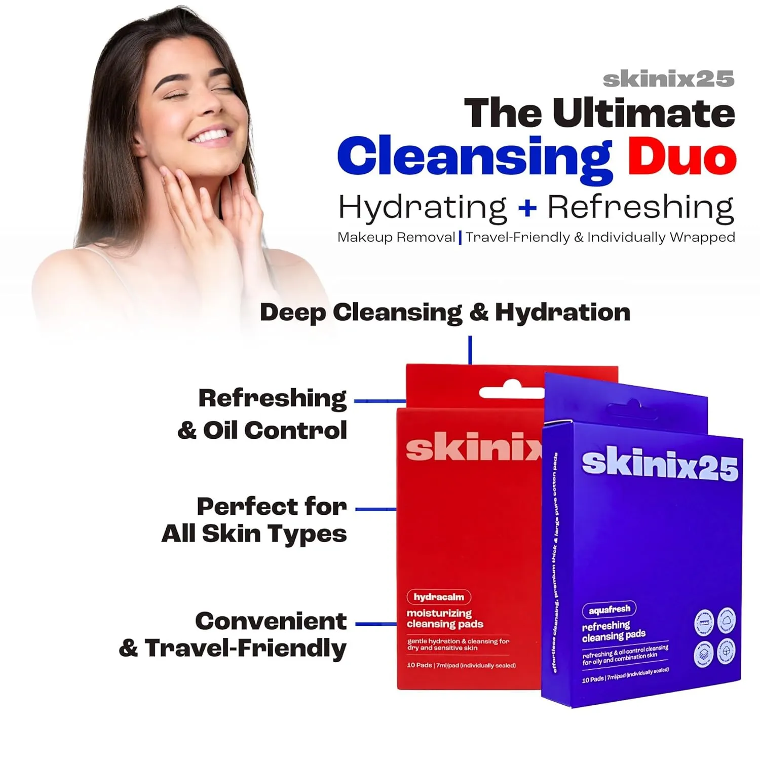 Hydracalm and Aquafresh Cleansing Pads Combo | 40 individually wrapped ultra soft cotton face wipes for all skin types, includes 20 hydrating and 20 oil control pads in 4 boxes
