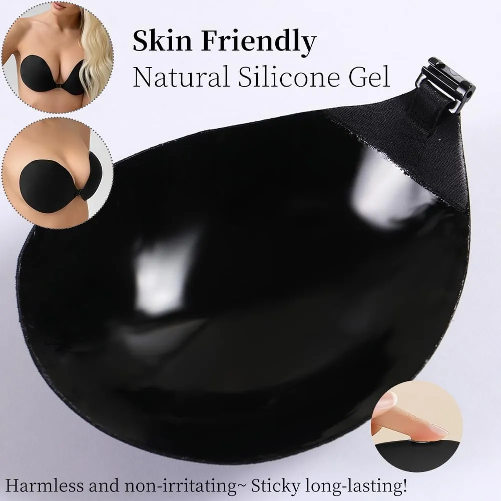 Invisible Adhesive Push-Up Bra Sticky Strapless Bra with Clear Halter Neck Strap for Backless Dresses/Tops