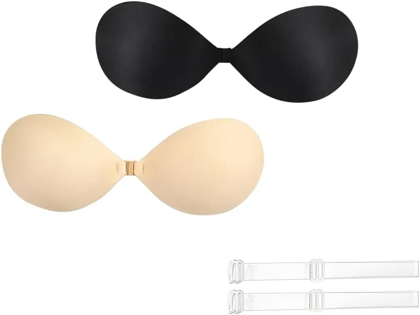 Invisible Adhesive Push-Up Bra Sticky Strapless Bra with Clear Halter Neck Strap for Backless Dresses/Tops