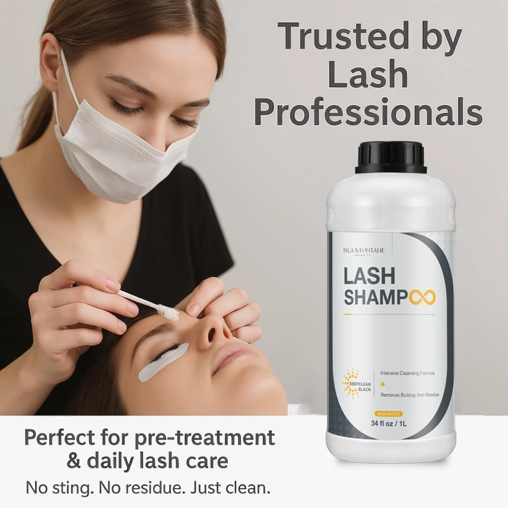 Isla & Fontane Lash Shampoo – DeepClean Black 34 fl oz | Charcoal Lash Cleanser for Extensions | Deep Purifying Lash Bath Foam | Tea Tree & Witch Hazel Formula | Lash Shampoo Bulk for Salon & Home Use