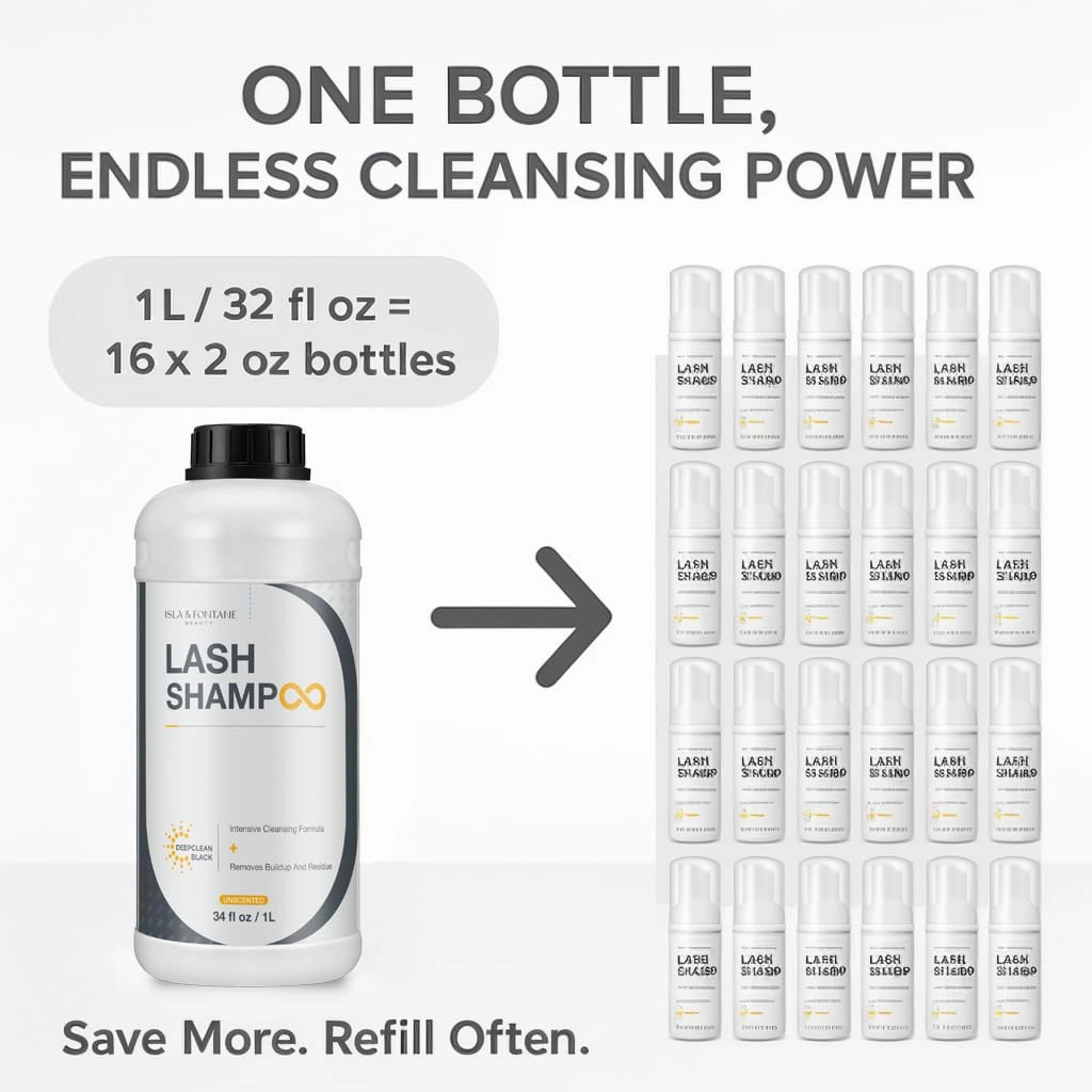 Isla & Fontane Lash Shampoo – DeepClean Black 34 fl oz | Charcoal Lash Cleanser for Extensions | Deep Purifying Lash Bath Foam | Tea Tree & Witch Hazel Formula | Lash Shampoo Bulk for Salon & Home Use