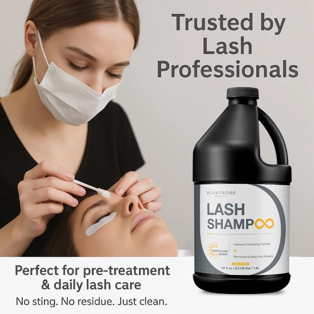 Isla & Fontane Lash Shampoo – DeepClean Black 64 fl oz | Charcoal Lash Cleanser for Extensions | Deep Purifying Lash Bath Foam | Tea Tree & Witch Hazel Formula | Lash Shampoo Bulk For Salon & Home Use