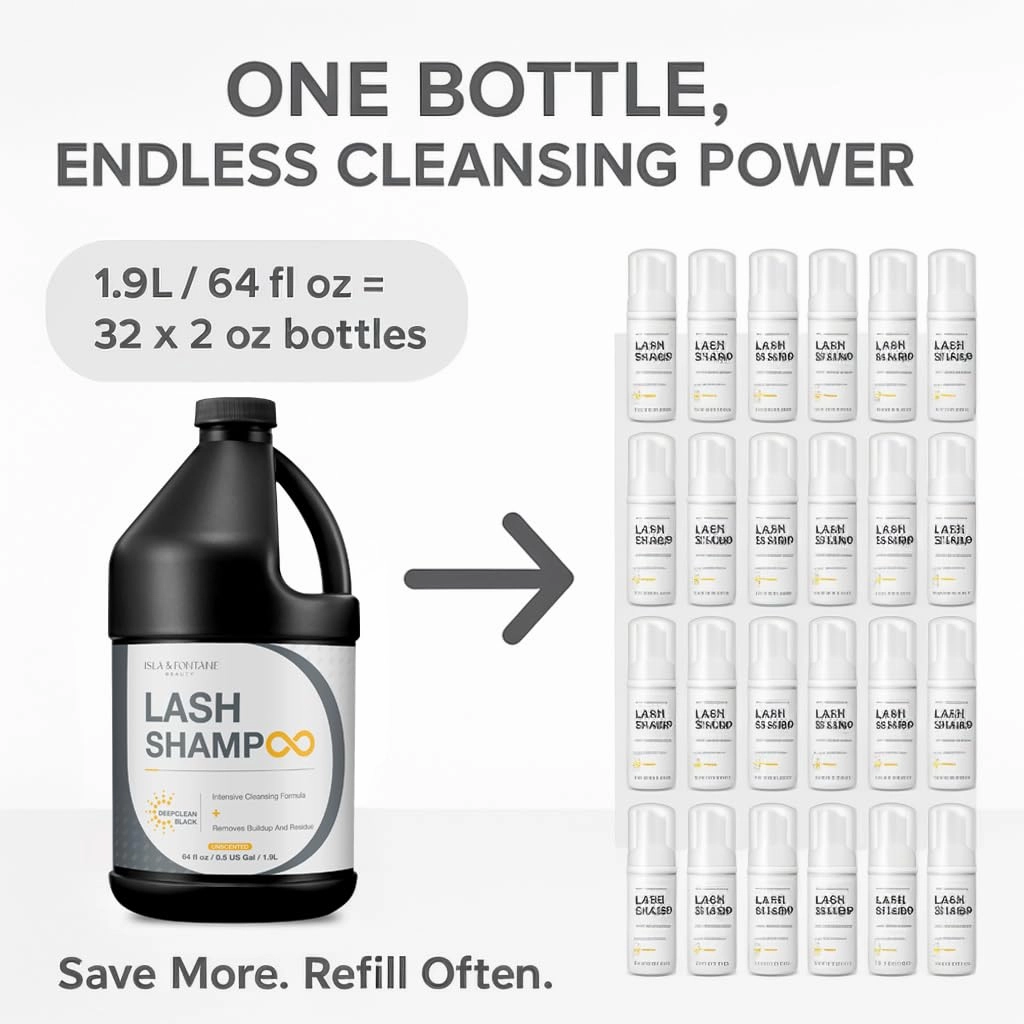 Isla & Fontane Lash Shampoo – DeepClean Black 64 fl oz | Charcoal Lash Cleanser for Extensions | Deep Purifying Lash Bath Foam | Tea Tree & Witch Hazel Formula | Lash Shampoo Bulk For Salon & Home Use
