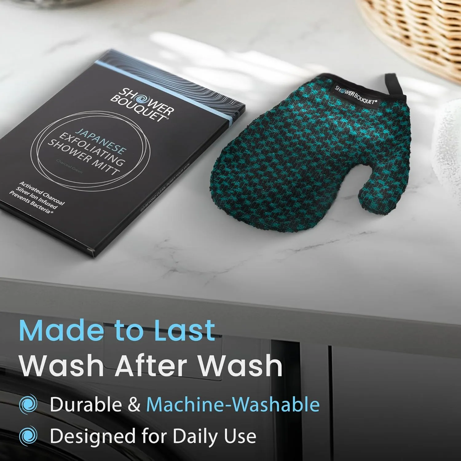Japanese Exfoliating Mitt 2-Pack - Charcoal & Silver Ion Exfoliating Gloves for Shower - Soft Inner Fabric Gentle Exfoliation & Deep Cleansing Body Scrub Gloves for All Skin Types - 1 Blue, 1 Green