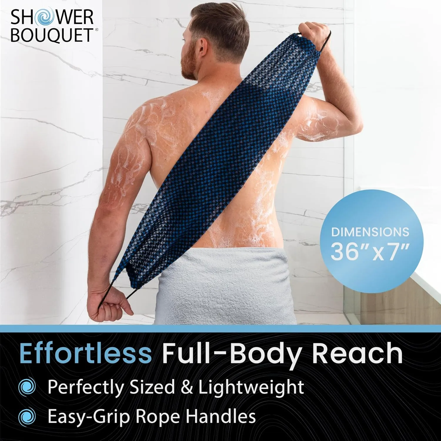 Japanese Exfoliating Washcloth for Back & Body - Charcoal & Silver Ion Exfoliating Towel with Handles - Two-Sided Gentle Exfoliation & Deep Cleansing Soft Body Wash Cloths for Shower - Blue