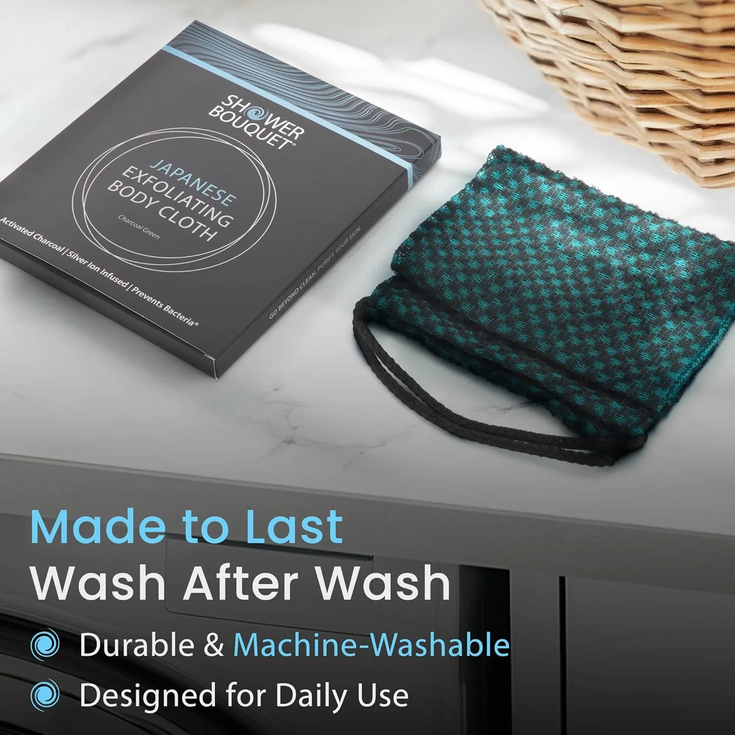 Japanese Exfoliating Washcloth for Back & Body - Charcoal & Silver Ion Exfoliating Towel with Handles - Two-Sided Gentle Exfoliation & Deep Cleansing Soft Body Wash Cloths for Shower - Green