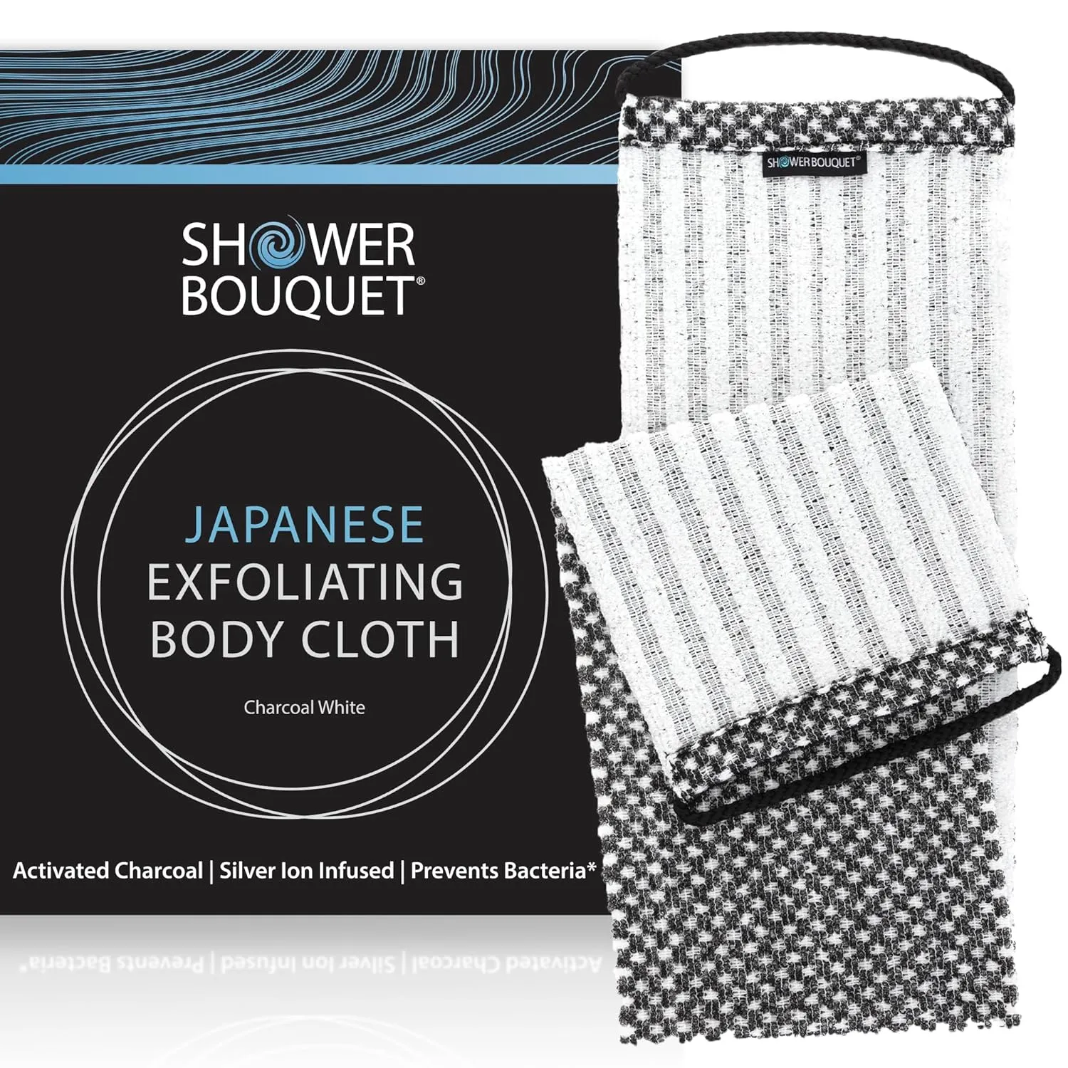 Japanese Exfoliating Washcloth for Back & Body - Charcoal & Silver Ion Exfoliating Towel with Handles - Two-Sided Gentle Exfoliation & Deep Cleansing Soft Body Wash Cloths for Shower - White