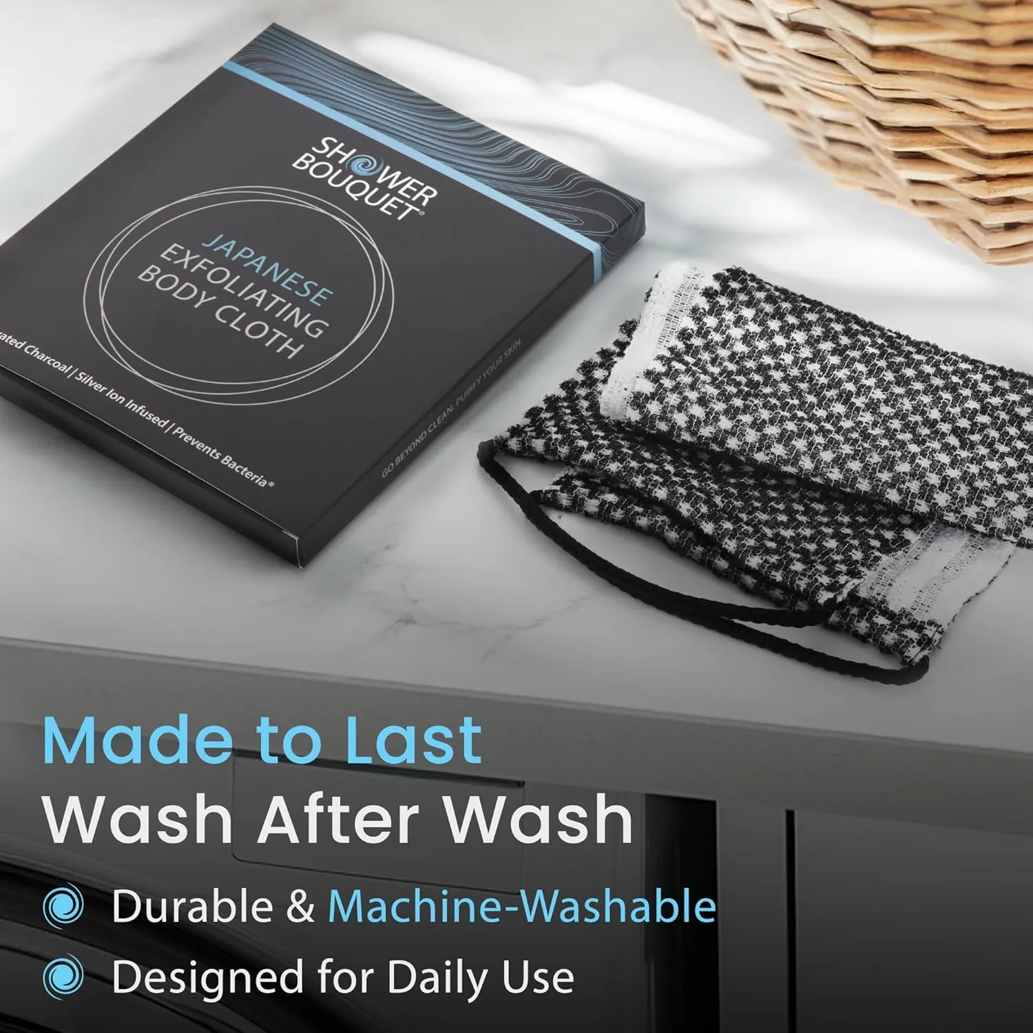 Japanese Exfoliating Washcloth for Back & Body - Charcoal & Silver Ion Exfoliating Towel with Handles - Two-Sided Gentle Exfoliation & Deep Cleansing Soft Body Wash Cloths for Shower - White