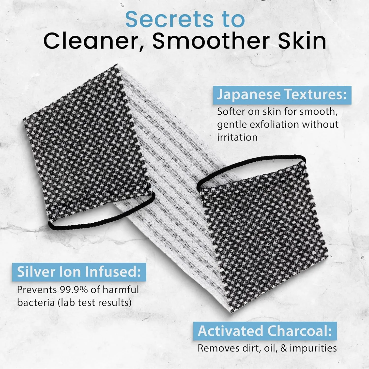 Japanese Exfoliating Washcloth for Back & Body - Charcoal & Silver Ion Exfoliating Towel with Handles - Two-Sided Gentle Exfoliation & Deep Cleansing Soft Body Wash Cloths for Shower - White