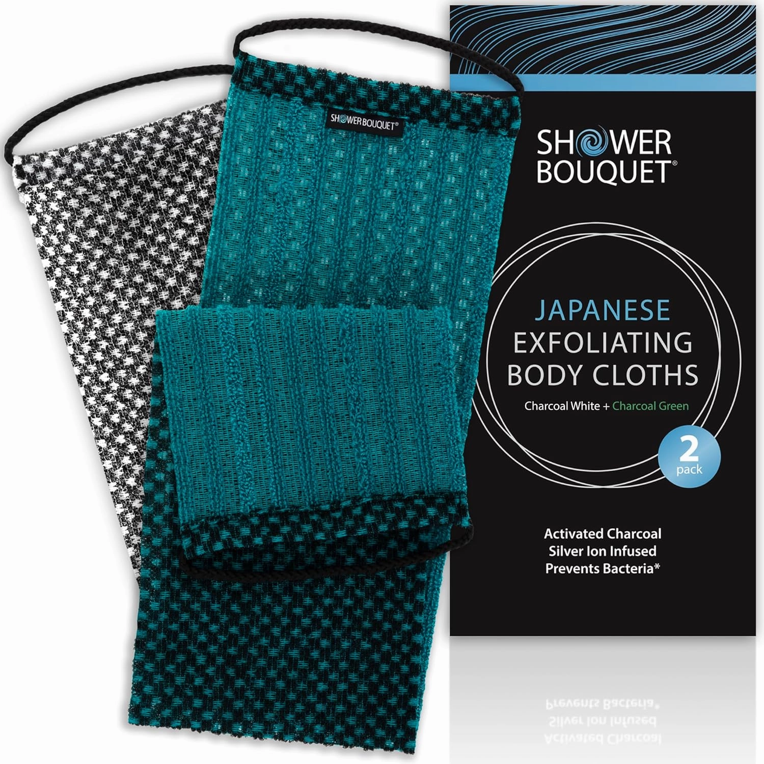 Japanese Exfoliating Washcloth for Back & Body 2-Pack - Charcoal & Silver Ion Exfoliating Towel with Handles - Two-Sided Gentle Exfoliation & Deep Cleanse Body Wash Cloths for Shower - 1 White 1 Green