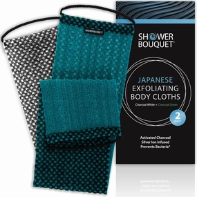 Japanese Exfoliating Washcloth for Back & Body 2-Pack - Charcoal & Silver Ion Exfoliating Towel with Handles - Two-Sided Gentle Exfoliation & Deep Cleanse Body Wash Cloths for Shower - 1 White 1 Green