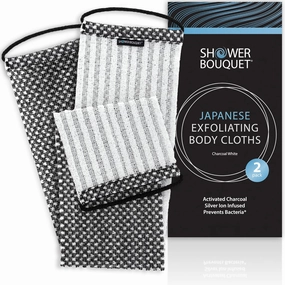 Japanese Exfoliating Washcloth for Back & Body 2-Pack - Charcoal & Silver Ion Exfoliating Towel with Handles - Two-Sided Gentle Exfoliation & Deep Cleanse Body Wash Cloths for Shower - 2 White
