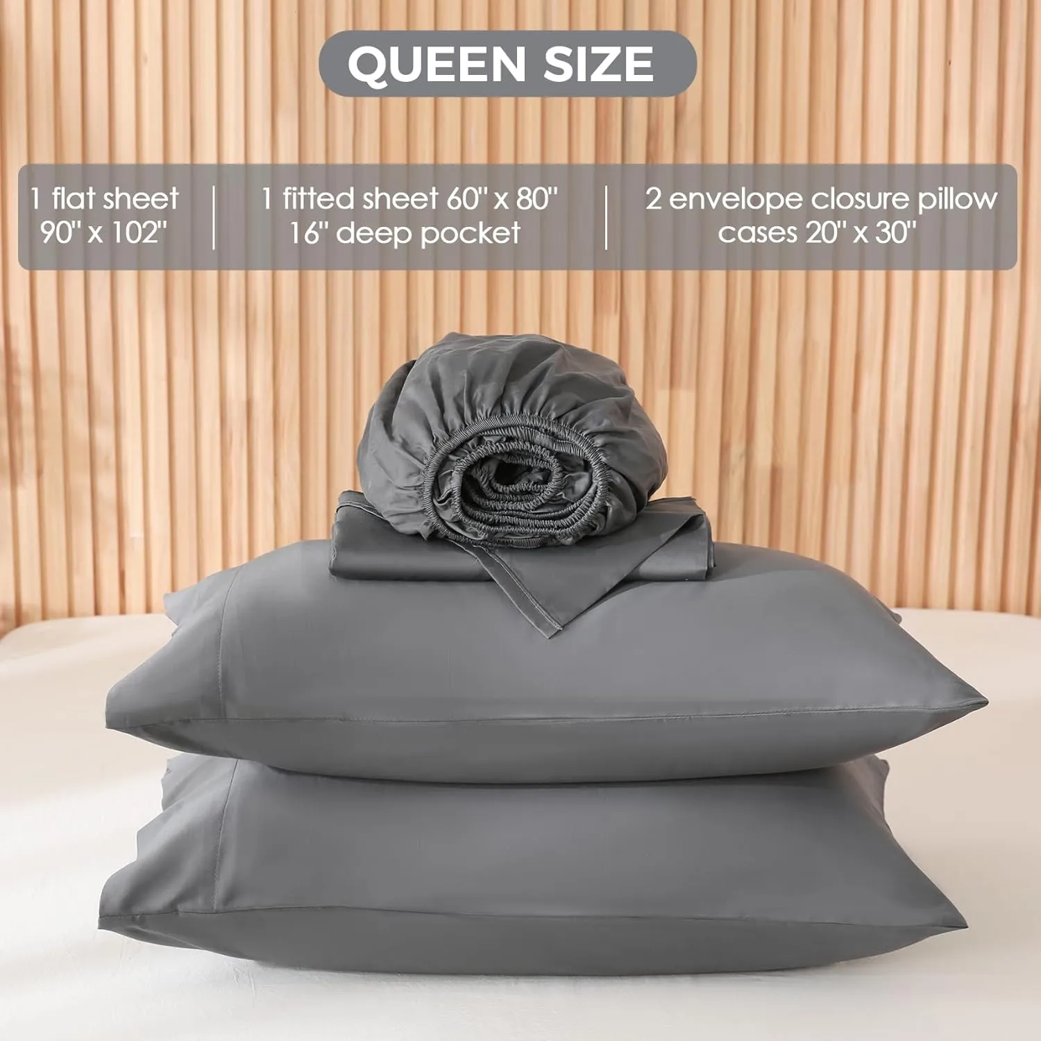 JSD 100% Cotton Queen Sheet Set Dark Grey, 300 TC Sateen Weave Bedding, Soft Breathable Wrinkle Resistant, Deep Pocket