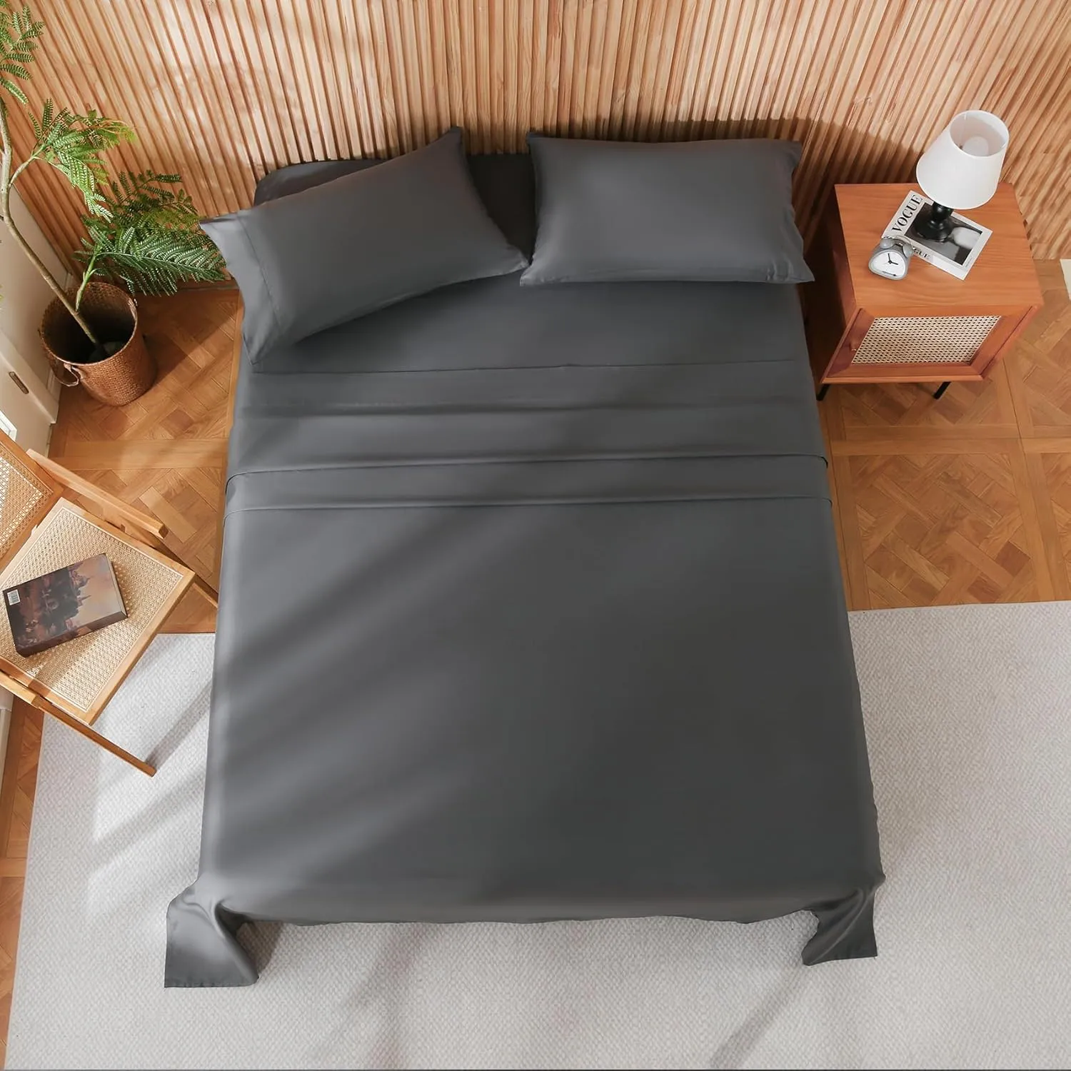 JSD 100% Cotton Queen Sheet Set Dark Grey, 300 TC Sateen Weave Bedding, Soft Breathable Wrinkle Resistant, Deep Pocket
