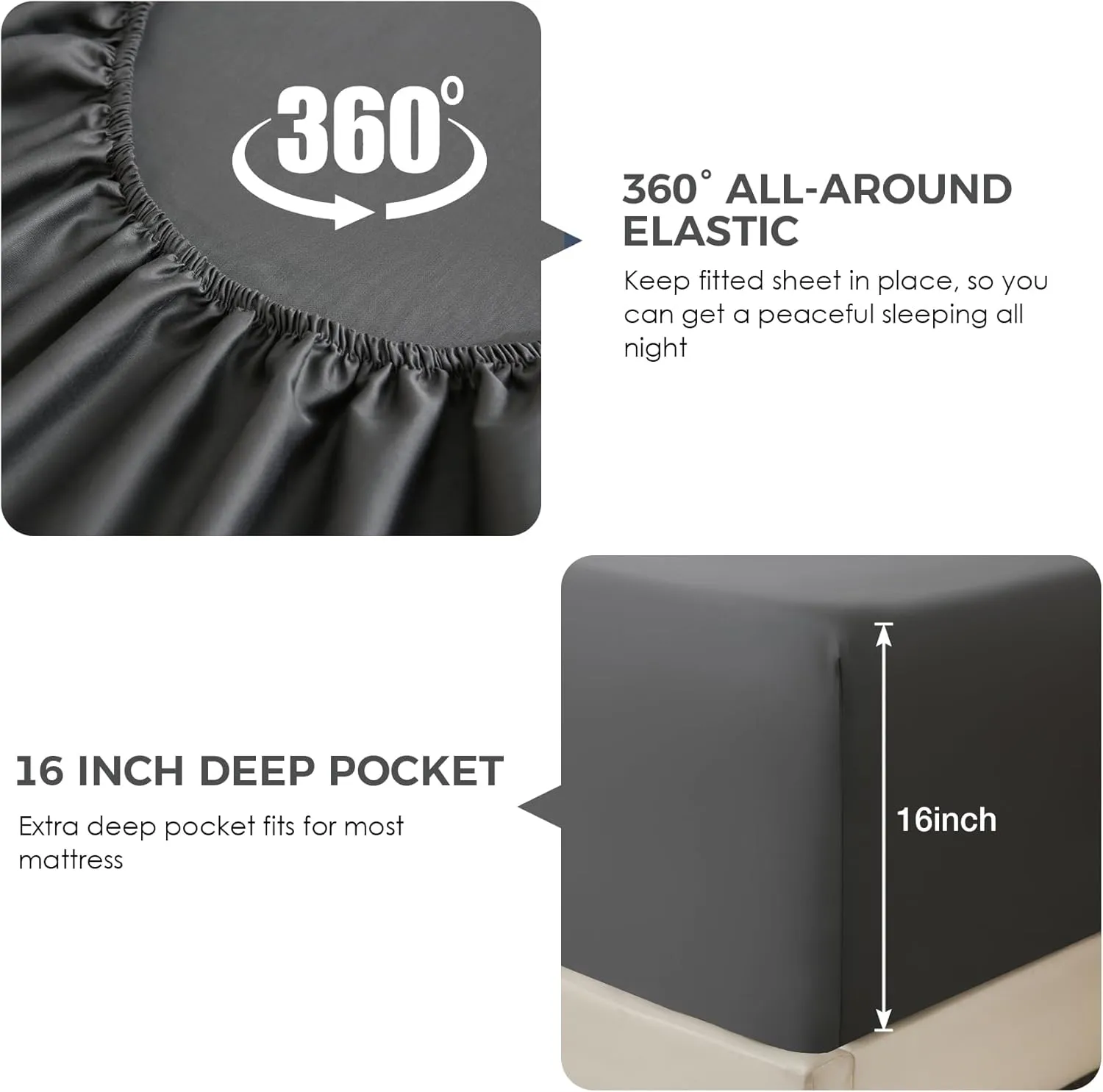 JSD 100% Cotton Queen Sheet Set Dark Grey, 300 TC Sateen Weave Bedding, Soft Breathable Wrinkle Resistant, Deep Pocket