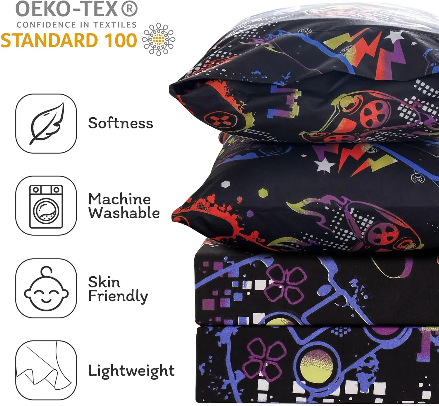 JSD Black Gaming Sheet Set Full Size, 4 Piece Soft Kids Boys Printed Microfiber Bed Sheets Deep Pocket
