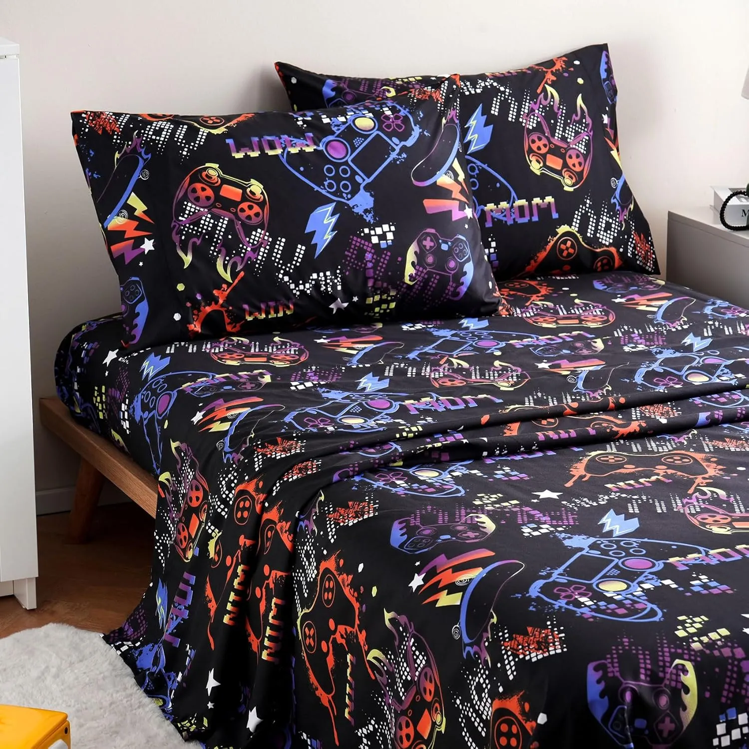 JSD Black Gaming Sheet Set Full Size, 4 Piece Soft Kids Boys Printed Microfiber Bed Sheets Deep Pocket