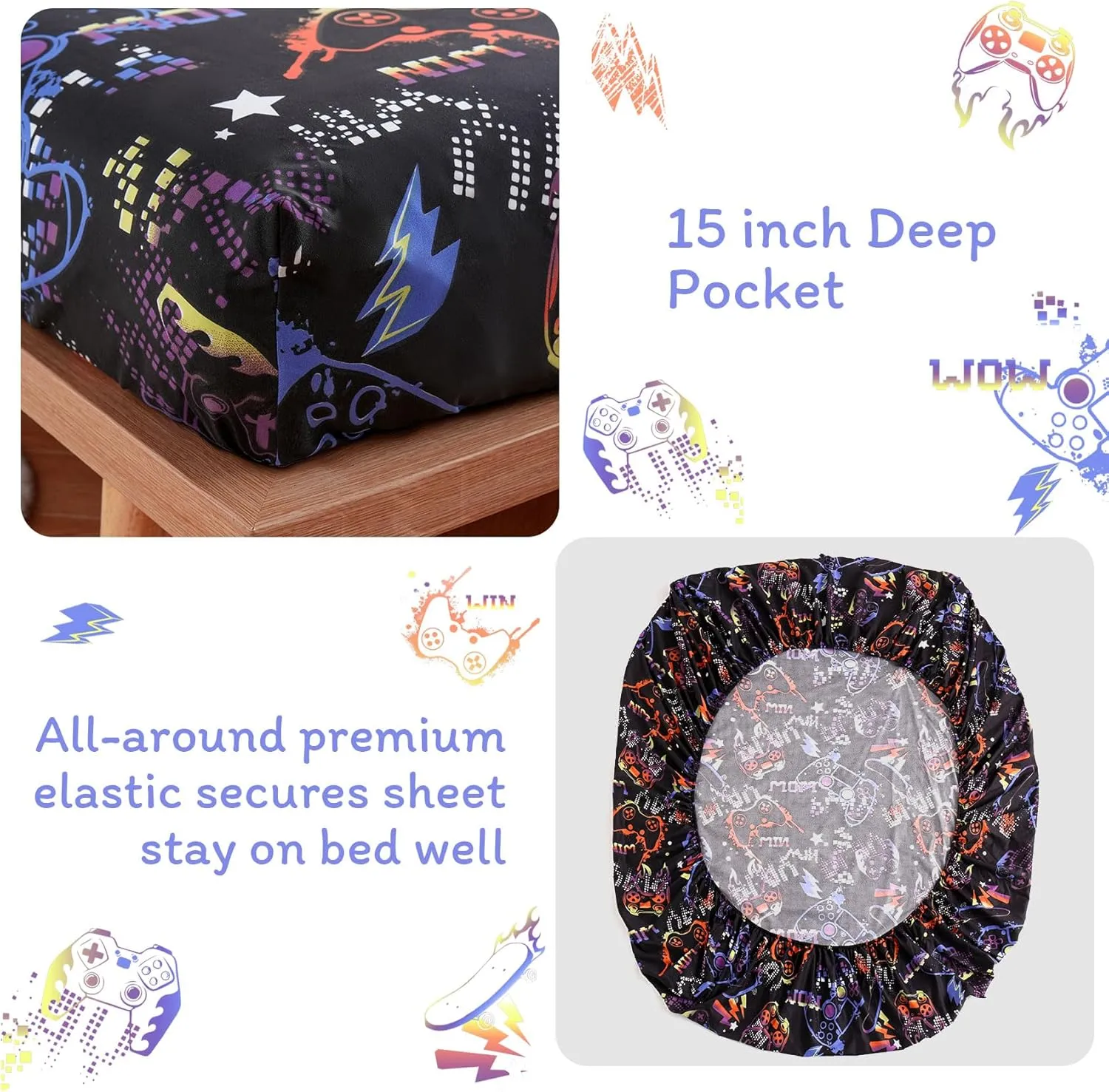 JSD Black Gaming Sheet Set Full Size, 4 Piece Soft Kids Boys Printed Microfiber Bed Sheets Deep Pocket