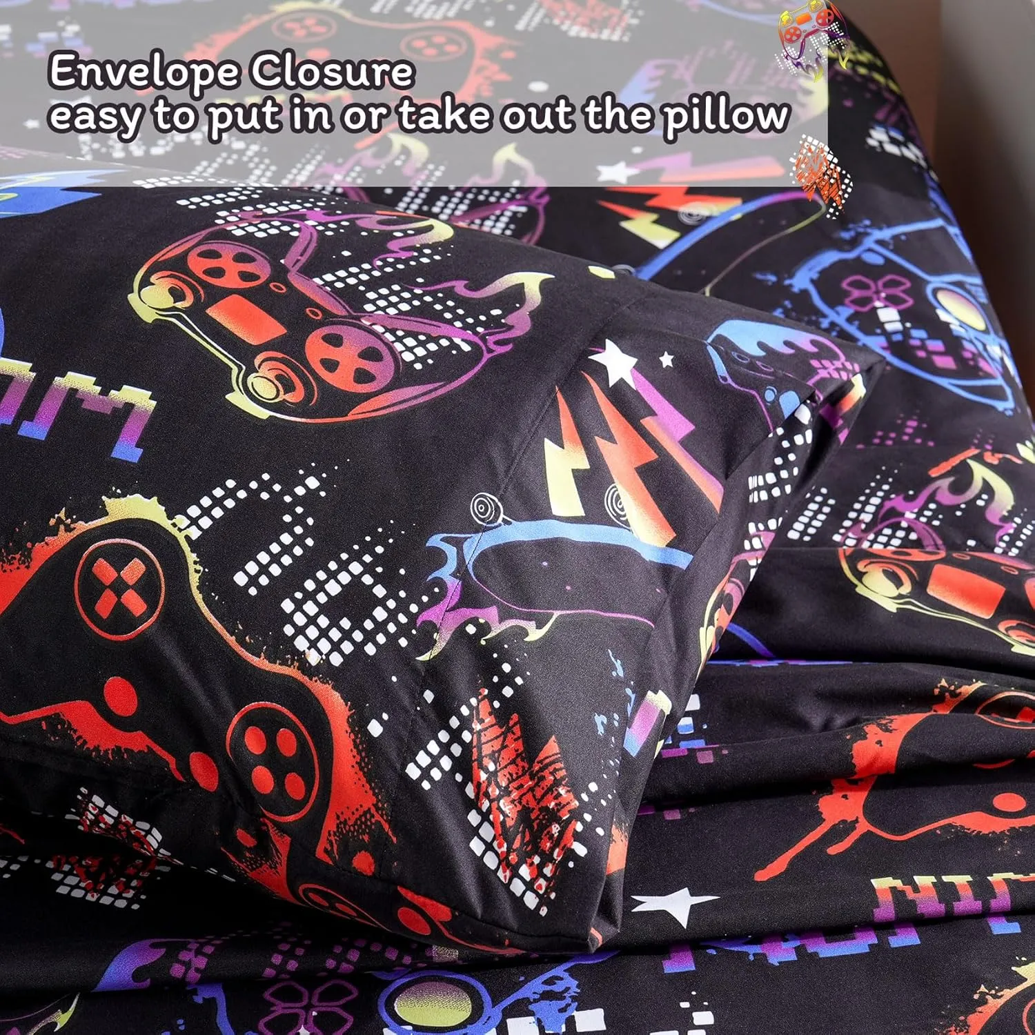 JSD Black Gaming Sheet Set Full Size, 4 Piece Soft Kids Boys Printed Microfiber Bed Sheets Deep Pocket