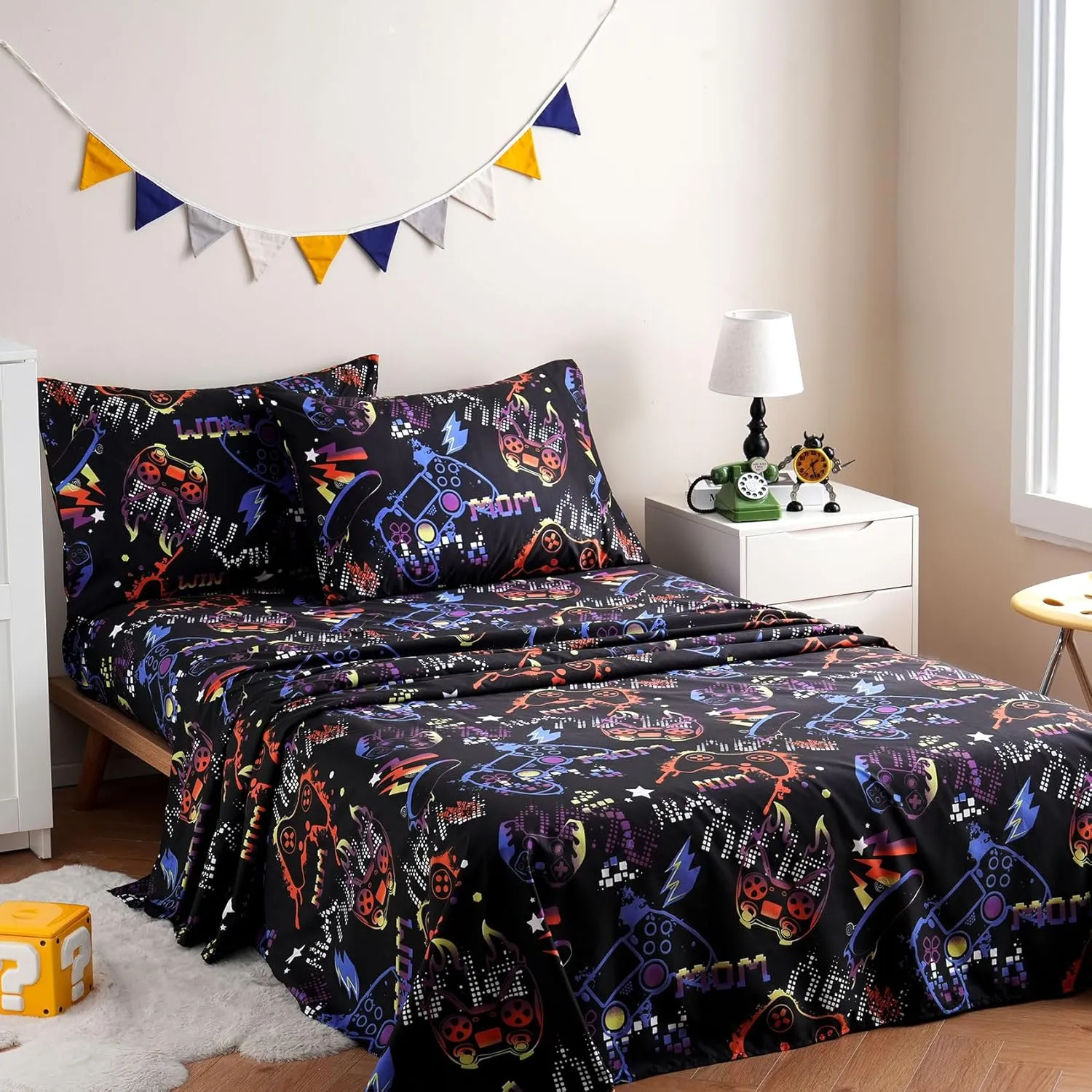 JSD Black Gaming Sheet Set Full Size, 4 Piece Soft Kids Boys Printed Microfiber Bed Sheets Deep Pocket