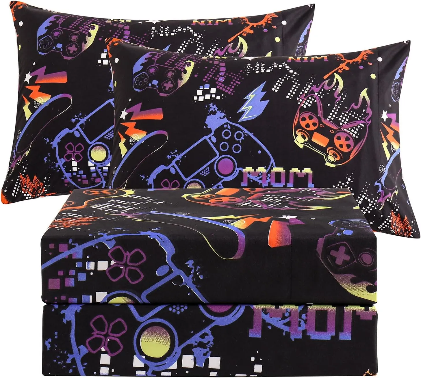 JSD Black Gaming Sheet Set Full Size, 4 Piece Soft Kids Boys Printed Microfiber Bed Sheets Deep Pocket