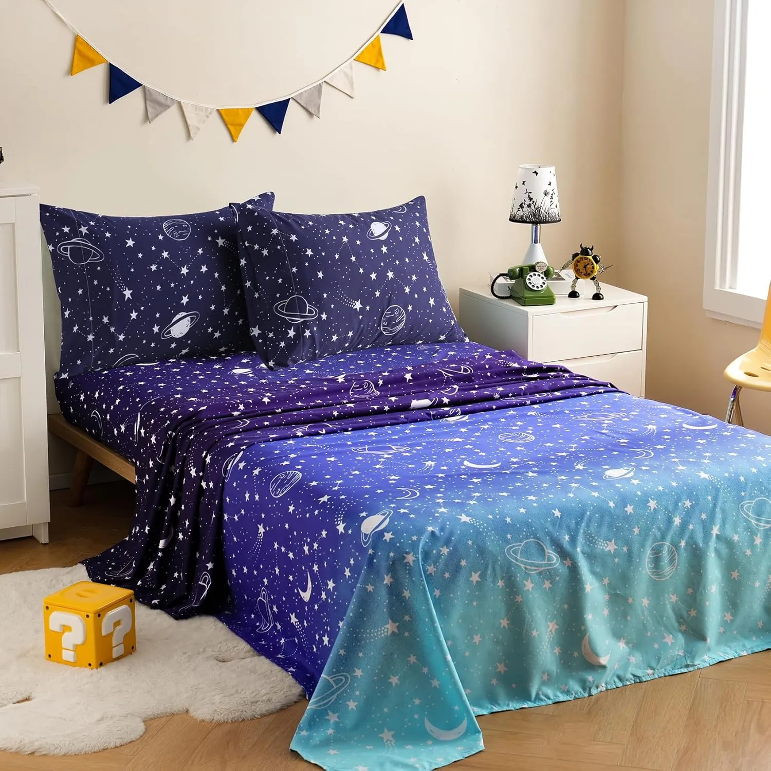 JSD Gradient Blue Moon Stars Kids Sheet Set Full Size, 4 Piece Space Theme Microfiber Sheets Deep Pocket