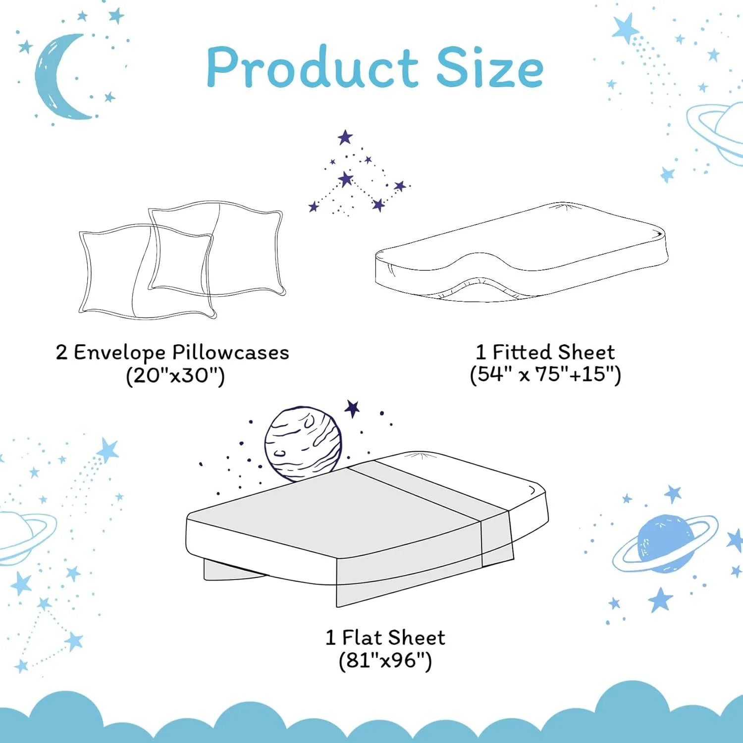 JSD Gradient Blue Moon Stars Kids Sheet Set Full Size, 4 Piece Space Theme Microfiber Sheets Deep Pocket