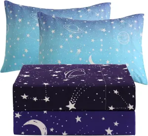 JSD Gradient Blue Moon Stars Kids Sheet Set Full Size, 4 Piece Space Theme Microfiber Sheets Deep Pocket
