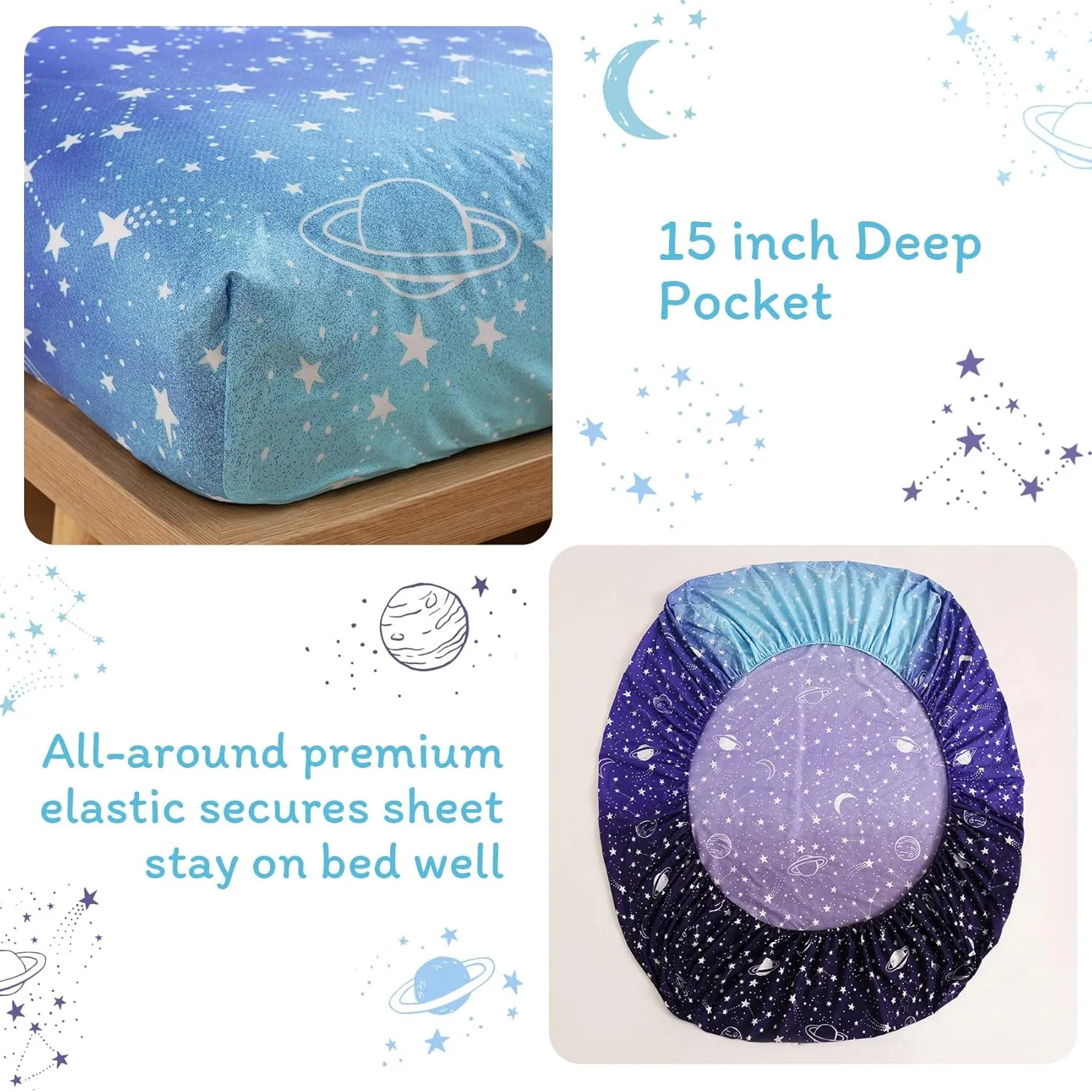 JSD Gradient Blue Moon Stars Kids Sheet Set Full Size, 4 Piece Space Theme Microfiber Sheets Deep Pocket