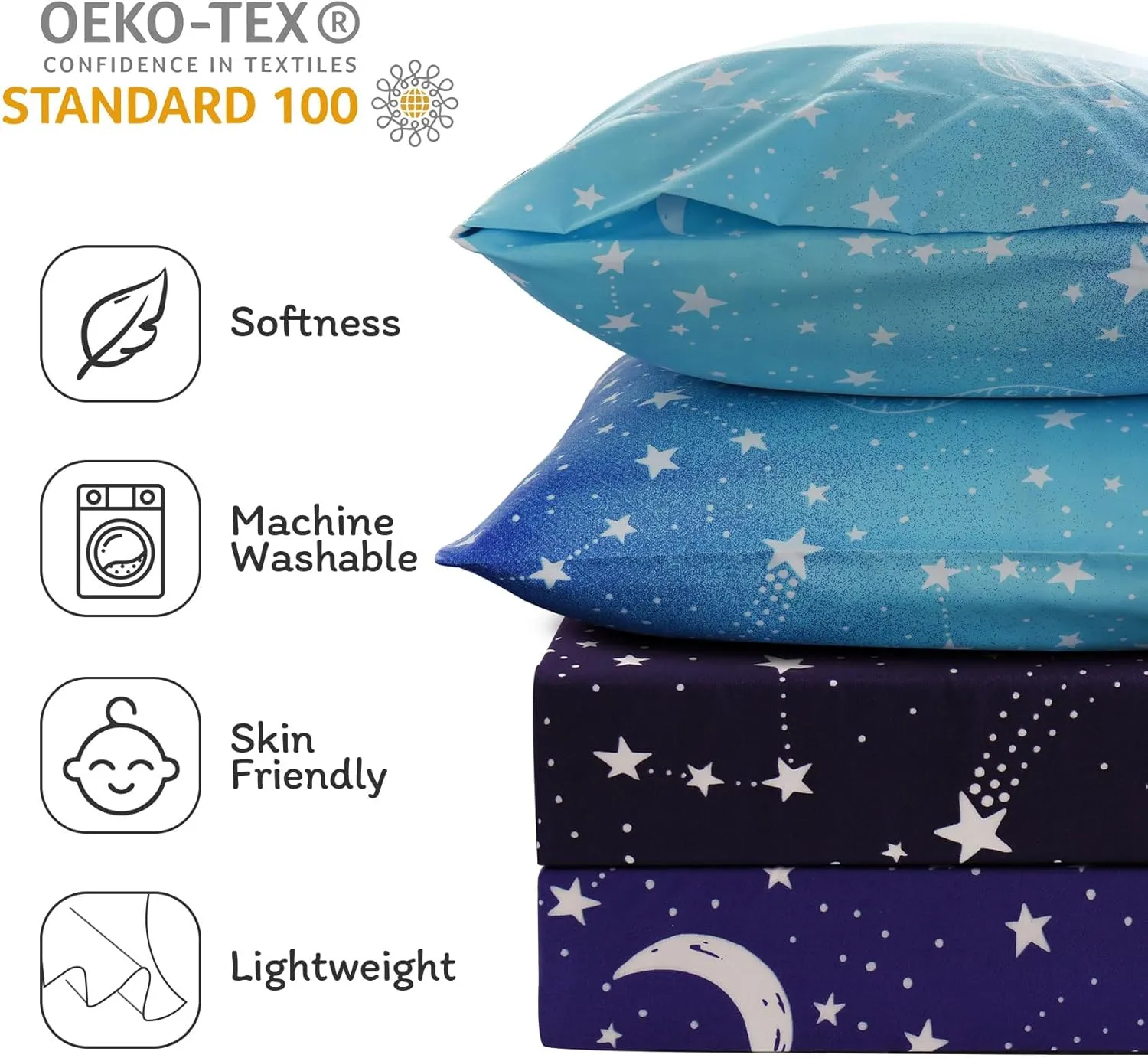 JSD Gradient Blue Moon Stars Kids Sheet Set Full Size, 4 Piece Space Theme Microfiber Sheets Deep Pocket