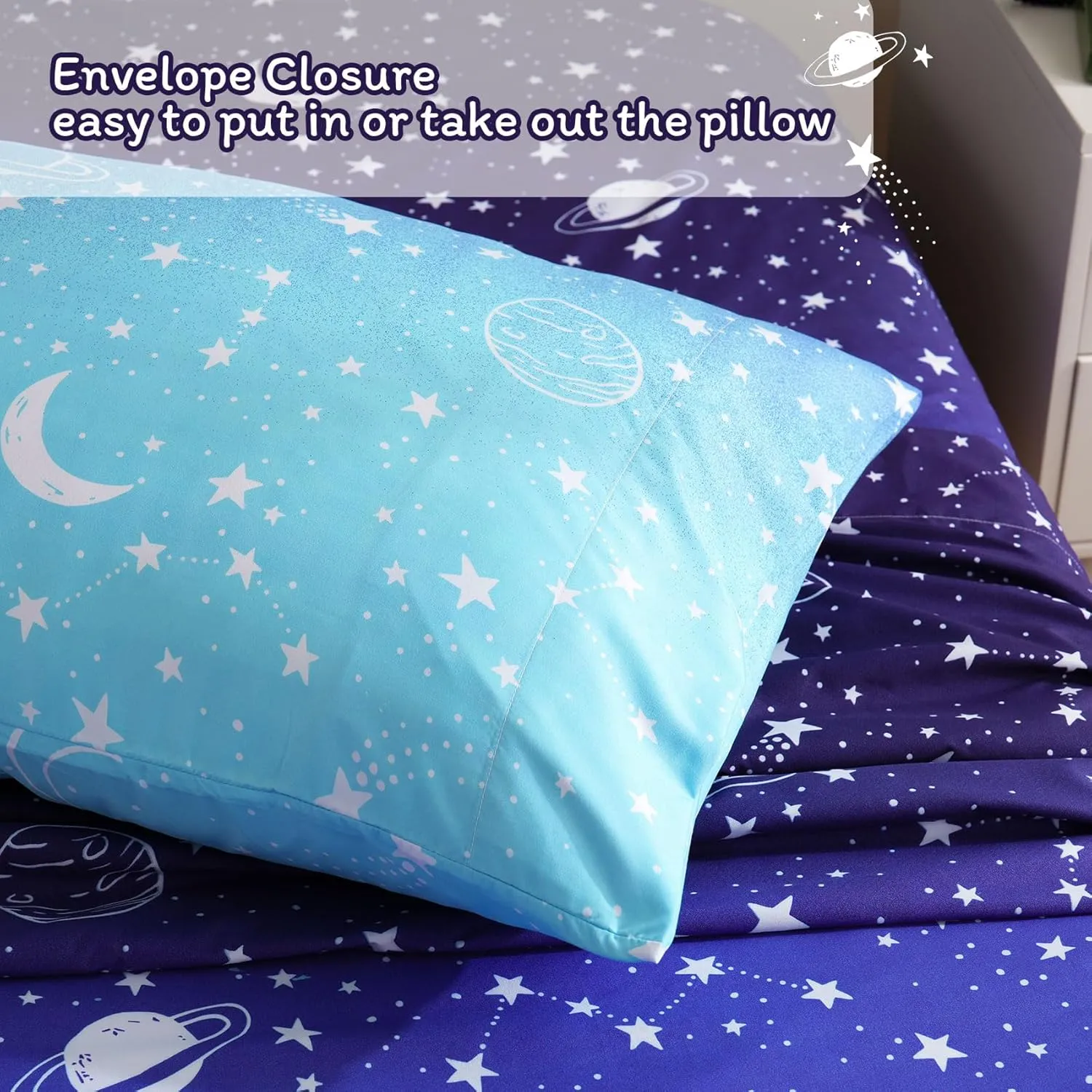 JSD Gradient Blue Moon Stars Kids Sheet Set Full Size, 4 Piece Space Theme Microfiber Sheets Deep Pocket