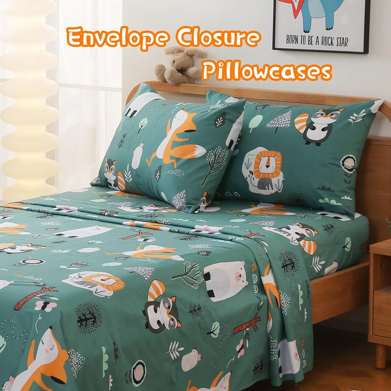 JSD Green Forest Animals Kids Sheet Set Full Size, 4 Piece Woodland Printed Microfiber Bed Sheets Deep Pocket