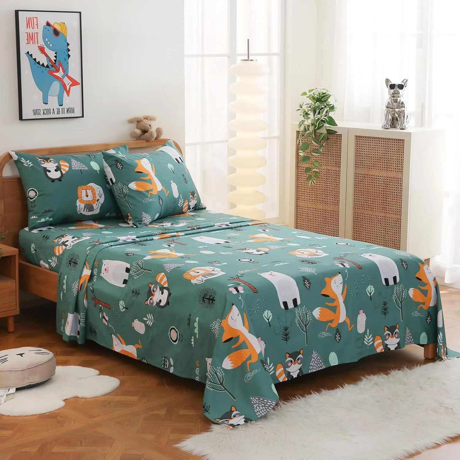 JSD Green Forest Animals Kids Sheet Set Full Size, 4 Piece Woodland Printed Microfiber Bed Sheets Deep Pocket