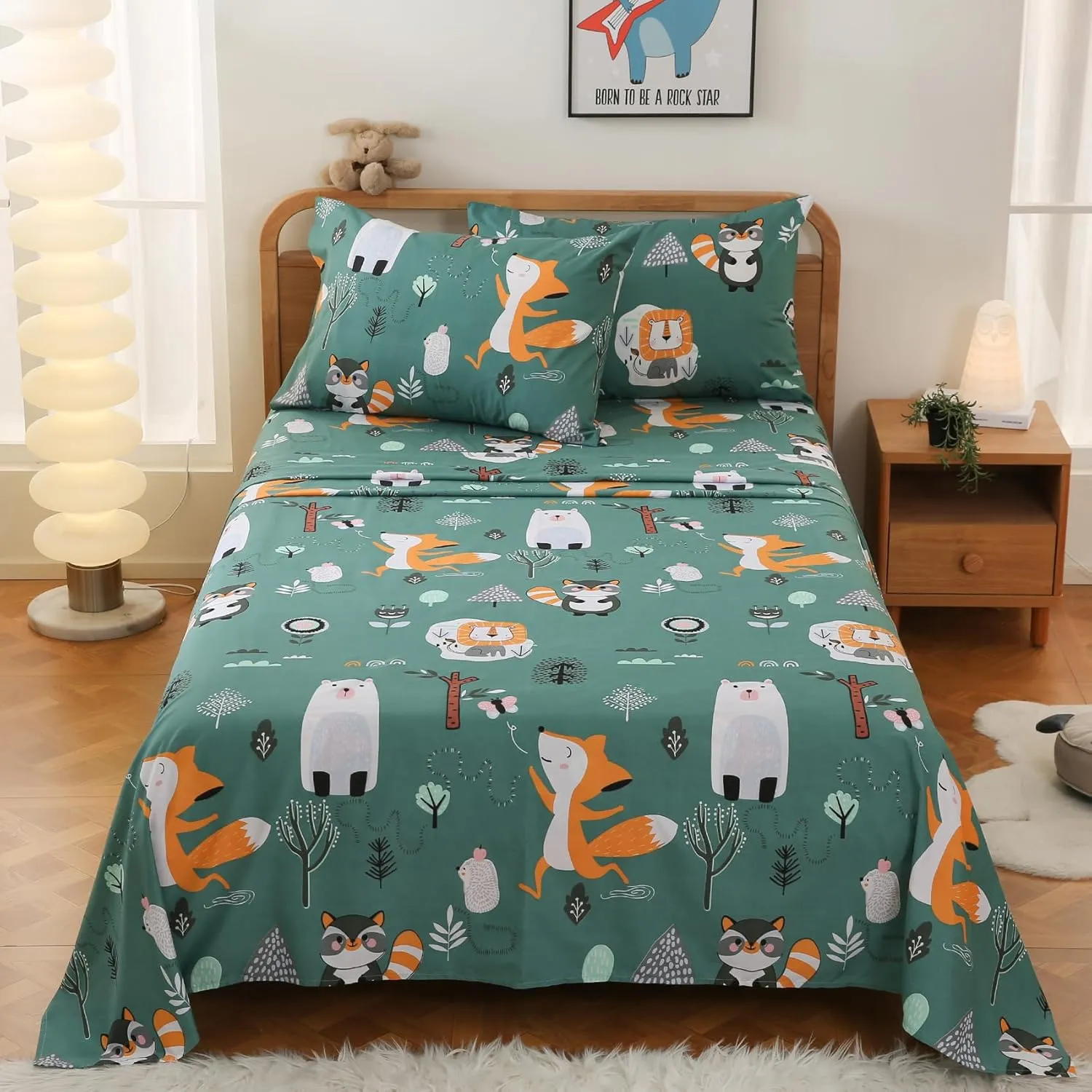 JSD Green Forest Animals Kids Sheet Set Full Size, 4 Piece Woodland Printed Microfiber Bed Sheets Deep Pocket