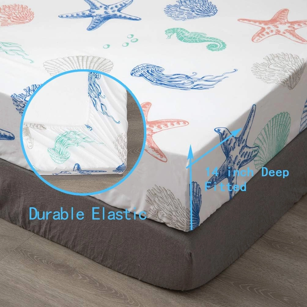 JSD Beach Theme Kids Printed Sheet Set Full, 4 Piece Starfish Jellyfish Coastal Summer Microfiber Bed Sheets Deep Pocket