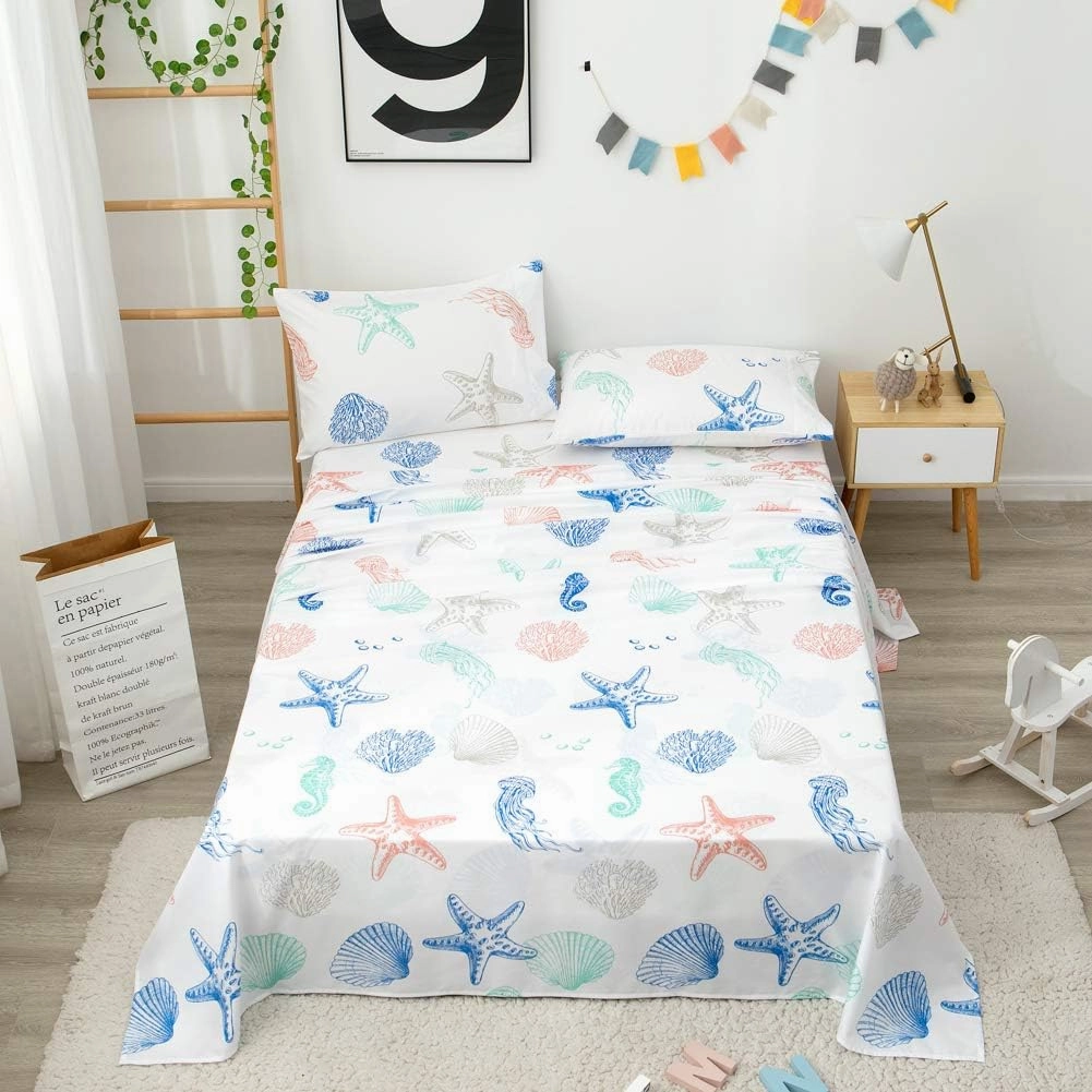 JSD Beach Theme Kids Printed Sheet Set Full, 4 Piece Starfish Jellyfish Coastal Summer Microfiber Bed Sheets Deep Pocket