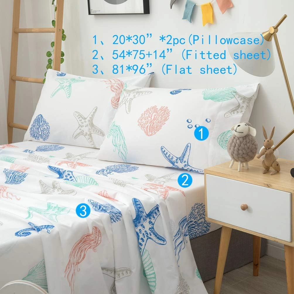 JSD Beach Theme Kids Printed Sheet Set Full, 4 Piece Starfish Jellyfish Coastal Summer Microfiber Bed Sheets Deep Pocket