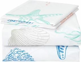 JSD Beach Theme Kids Printed Sheet Set Full, 4 Piece Starfish Jellyfish Coastal Summer Microfiber Bed Sheets Deep Pocket