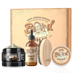 JVR Face Scrub and Beard Grooming Kit for Men, Facial Mask Purifying and Deep Cleansing for All Skin Types, Includes Beard Oil and Balm,100% Boar Men's Beard Brush