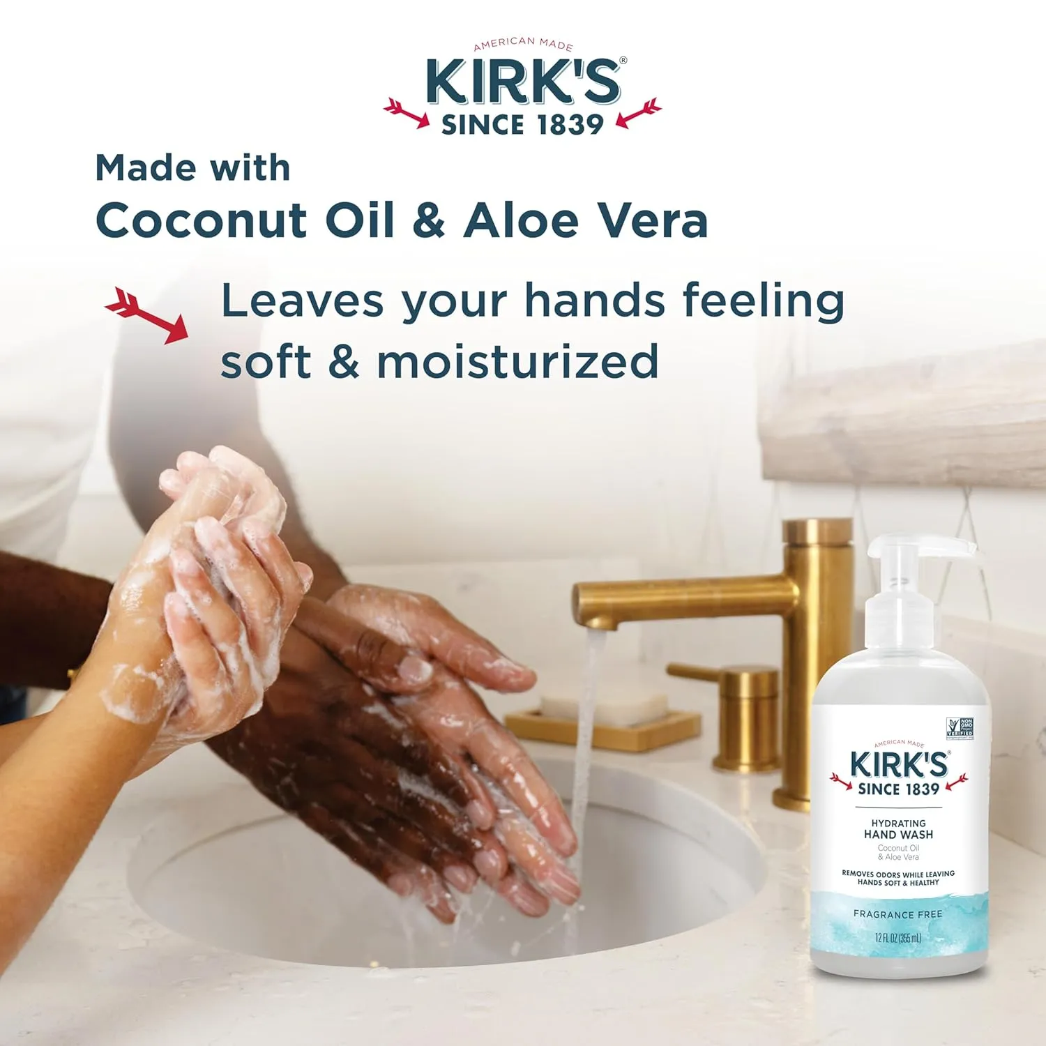 Kirk's Hydrating Hand Wash - Made with Coconut Oil and Aloe Vera, With Odor Neutralizing Technology To Help Eliminate Odors, Non-GMO, Vegan, Fragrance Free, 12 Fl Oz. 4 pack